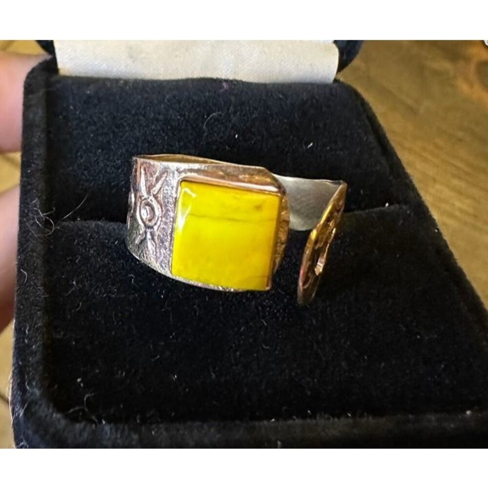 Square Yellow Honey Dahlia Turquoise Pure Copper Bypass Ring Size 8